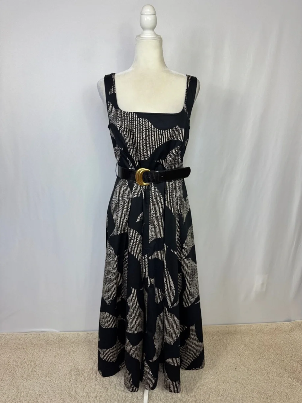 Donna Karan New York Cotton Sleeveless Belted Midi Dress Size 8 Black Tan - Picture 7 of 16